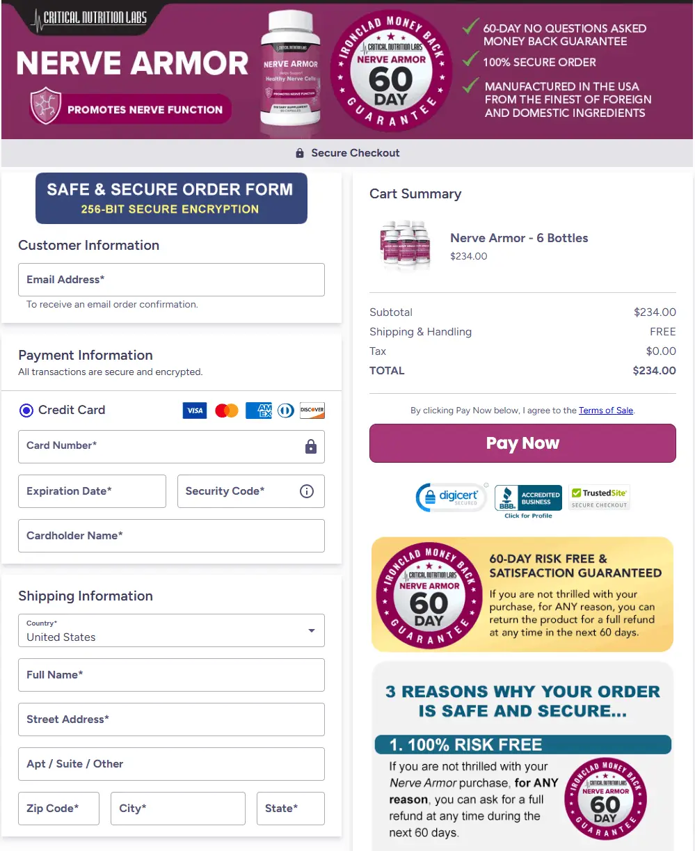 Nerve Armor order page